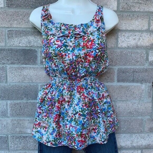 Gianni Bini Women Size M Floral Green Pink Sleeveless Round Neck Ruffles Elastic - Picture 1 of 8